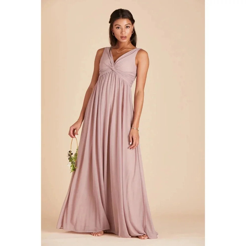 NWT Birdy Grey Lianna Maxi Dress Twisted V-Neck Empire Waist Mesh Mauve Size M